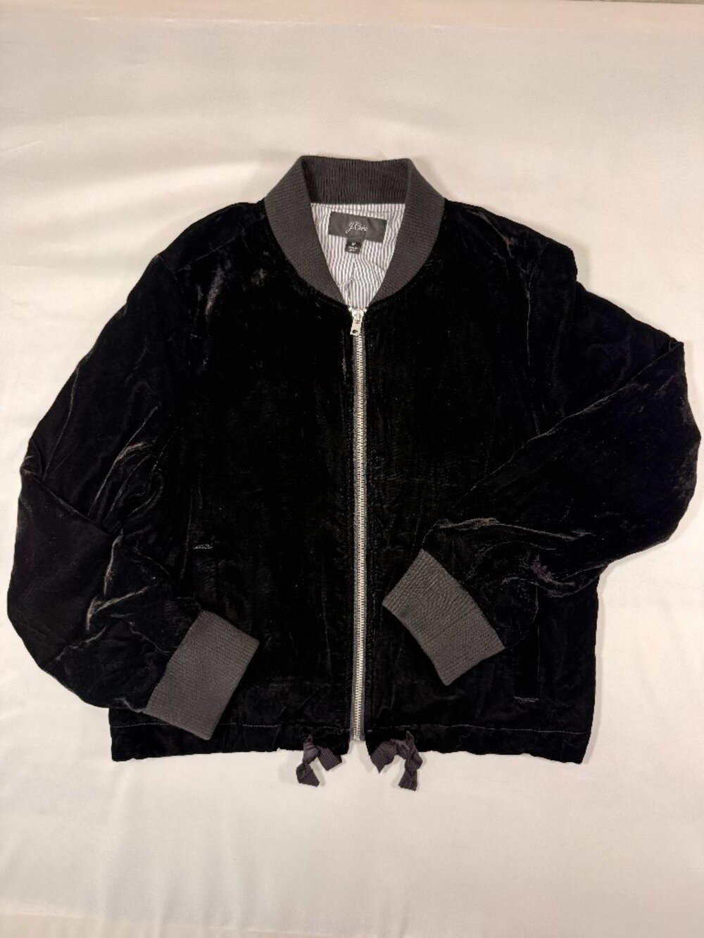 J.Crew Black Velvet Zip Front Jacket Grosgrain Bow Detail Size M